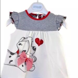 Girls White & Gray Dalmatian Heart Dress with Red Trim